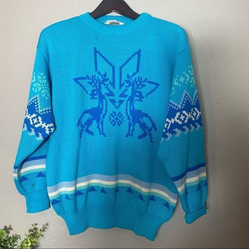 Steffner vintage blue knit reindeer Christmas winter sweater